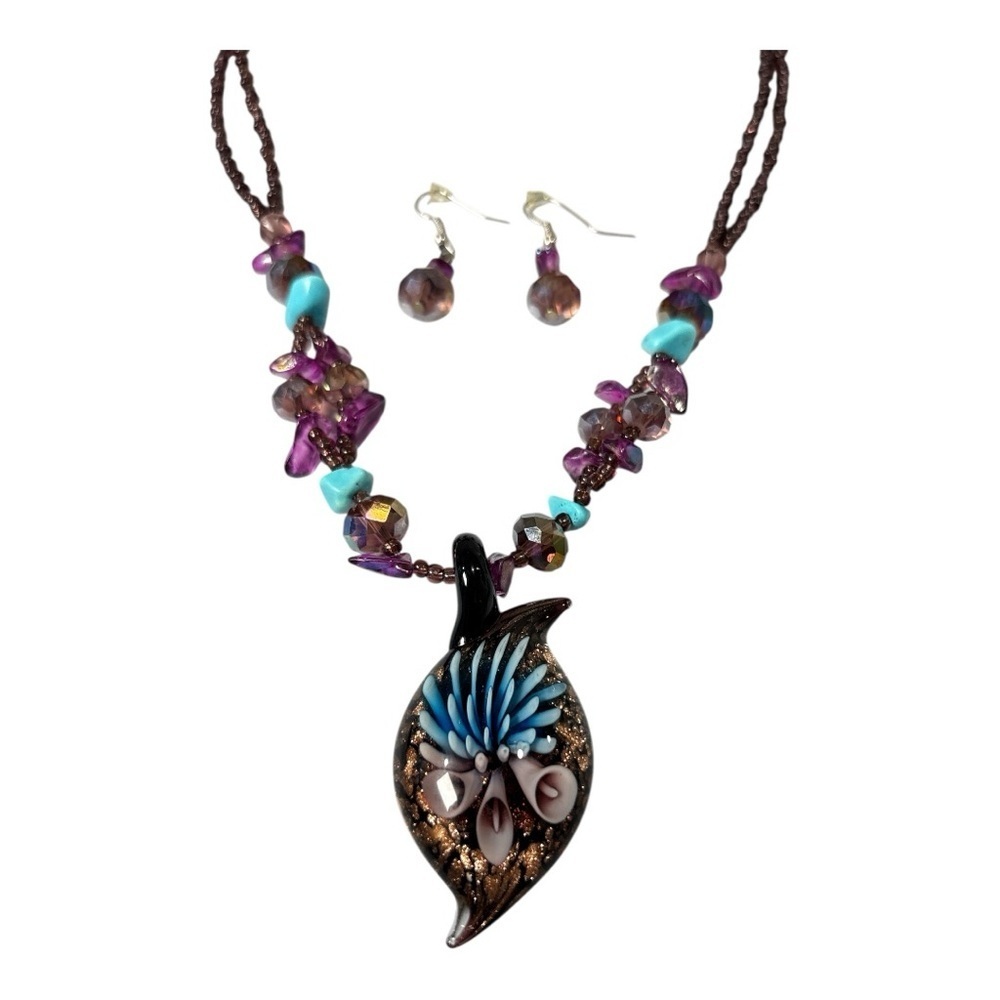 Boho Glass Pendant Necklace & Dangle Earrings Set Beaded Cord Purple Turquoise